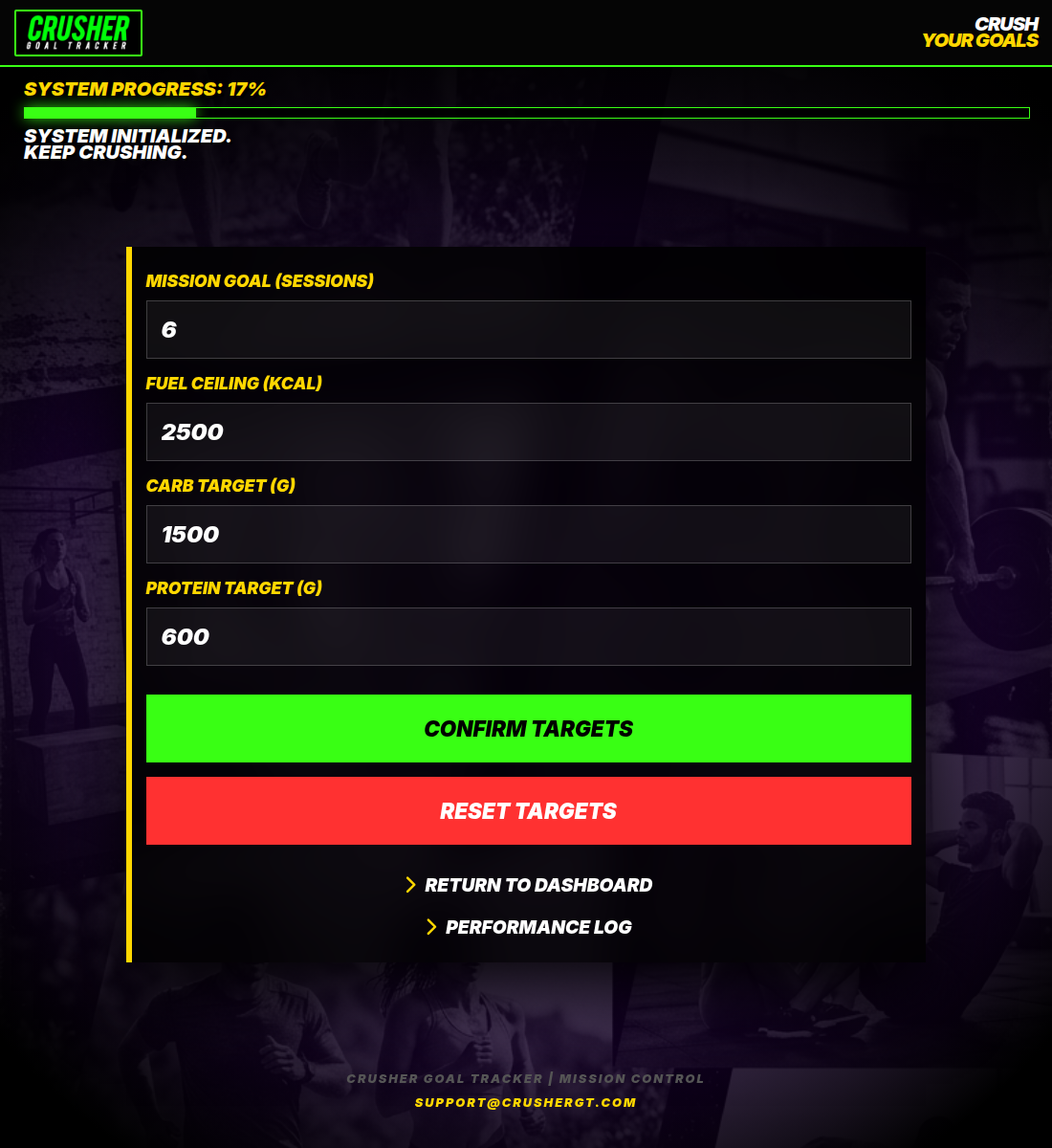 Actual Crusher app set goals page showing mission goal sessions, fuel ceiling, carb target, and protein target entry fields