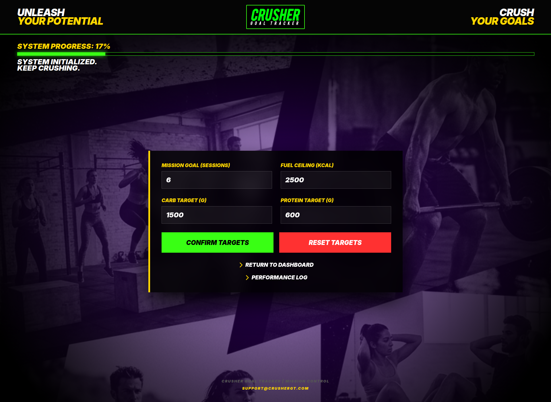 Actual Crusher app target settings interface with mission goal, fuel ceiling, carb target, and protein target fields